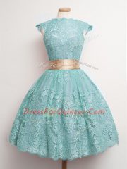 Aqua Blue Lace Up Quinceanera Dama Dress Belt Cap Sleeves Knee Length