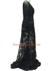 Delicate Black Long Sleeves Brush Train Lace and Belt Dress for Prom