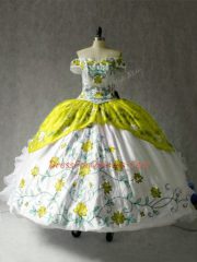 Stunning Multi-color Cap Sleeves Floor Length Embroidery and Ruffles Lace Up 15th Birthday Dress