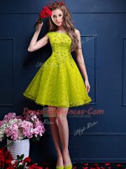 Pretty Beading and Lace Quinceanera Dama Dress Yellow Green Lace Up Sleeveless Knee Length