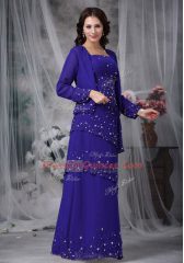 Glittering Blue Chiffon Zipper Straps Sleeveless Floor Length Beading