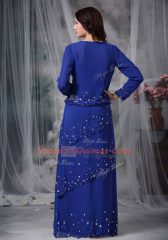 Glittering Blue Chiffon Zipper Straps Sleeveless Floor Length Beading