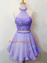 Admirable Lavender Organza Lace Up Halter Top Sleeveless Knee Length Damas Dress Beading