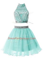 Fancy Sleeveless Organza Knee Length Zipper Quinceanera Court of Honor Dress in Light Blue with Beading