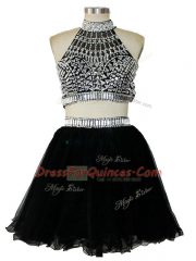 Beauteous Two Pieces Prom Party Dress Black Halter Top Tulle Sleeveless Mini Length Criss Cross