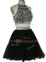 Beauteous Two Pieces Prom Party Dress Black Halter Top Tulle Sleeveless Mini Length Criss Cross
