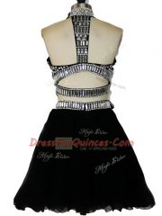 Beauteous Two Pieces Prom Party Dress Black Halter Top Tulle Sleeveless Mini Length Criss Cross