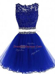Royal Blue Zipper Scoop Beading and Lace and Appliques Prom Party Dress Tulle Sleeveless