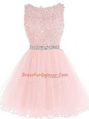 Decent Mini Length Pink Evening Dress Scoop Sleeveless Zipper