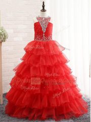 Red Halter Top Neckline Beading and Ruffled Layers Little Girls Pageant Gowns Sleeveless Lace Up