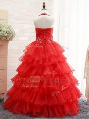 Red Halter Top Neckline Beading and Ruffled Layers Little Girls Pageant Gowns Sleeveless Lace Up