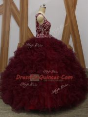 Floor Length Burgundy Quince Ball Gowns Organza Sleeveless Beading and Ruffles