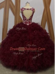 Floor Length Burgundy Quince Ball Gowns Organza Sleeveless Beading and Ruffles