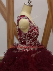 Floor Length Burgundy Quince Ball Gowns Organza Sleeveless Beading and Ruffles