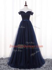 Navy Blue Sleeveless Belt Floor Length Vestidos de Damas