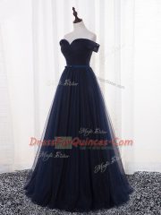 Navy Blue Sleeveless Belt Floor Length Vestidos de Damas