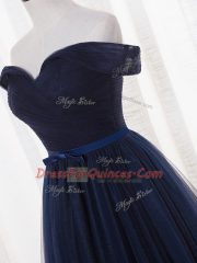 Navy Blue Sleeveless Belt Floor Length Vestidos de Damas