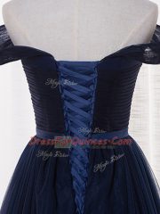 Navy Blue Sleeveless Belt Floor Length Vestidos de Damas