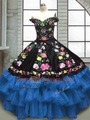 Pretty Blue And Black Organza and Taffeta Lace Up Sweetheart Sleeveless Floor Length Ball Gown Prom Dress Embroidery and Ruffled Layers