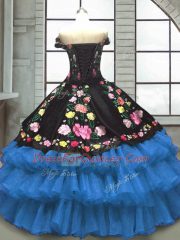 Pretty Blue And Black Organza and Taffeta Lace Up Sweetheart Sleeveless Floor Length Ball Gown Prom Dress Embroidery and Ruffled Layers