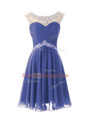 Fitting Knee Length A-line Cap Sleeves Blue Dress for Prom Zipper