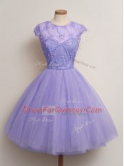 Lavender Lace Up Vestidos de Damas Lace Cap Sleeves Knee Length