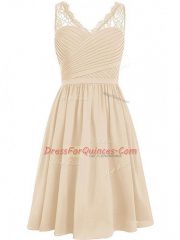 Champagne Empire Chiffon V-neck Sleeveless Lace and Ruching Knee Length Side Zipper Court Dresses for Sweet 16