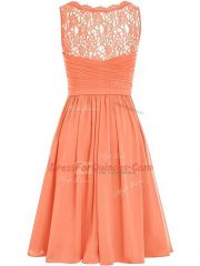 Champagne Empire Chiffon V-neck Sleeveless Lace and Ruching Knee Length Side Zipper Court Dresses for Sweet 16