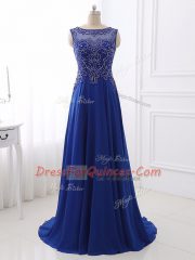 Royal Blue Prom Gown Prom and Party with Beading Bateau Sleeveless Sweep Train Side Zipper