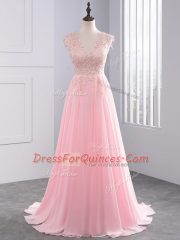 Fashion Baby Pink Chiffon Side Zipper V-neck Sleeveless Prom Dress Brush Train Appliques