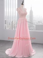 Fashion Baby Pink Chiffon Side Zipper V-neck Sleeveless Prom Dress Brush Train Appliques