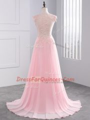 Fashion Baby Pink Chiffon Side Zipper V-neck Sleeveless Prom Dress Brush Train Appliques
