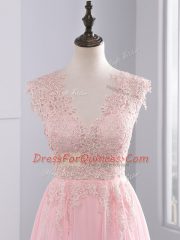 Fashion Baby Pink Chiffon Side Zipper V-neck Sleeveless Prom Dress Brush Train Appliques