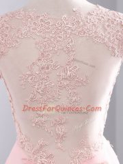 Fashion Baby Pink Chiffon Side Zipper V-neck Sleeveless Prom Dress Brush Train Appliques