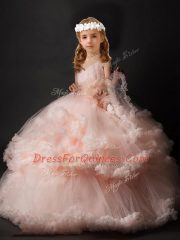 Pink Tulle Criss Cross Child Pageant Dress Sleeveless Brush Train Hand Made Flower