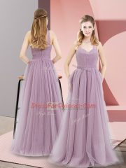 Clearance Lilac Empire Ruching Evening Dress Zipper Tulle Sleeveless Floor Length
