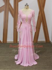 Empire Long Sleeves Baby Pink Dress for Prom Brush Train Zipper