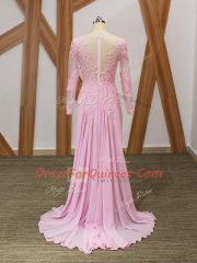 Empire Long Sleeves Baby Pink Dress for Prom Brush Train Zipper