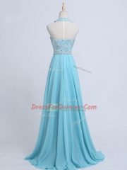 Aqua Blue Halter Top Zipper Beading Sleeveless