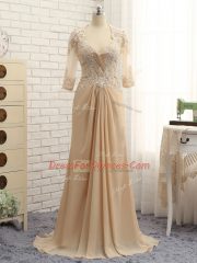 Champagne Prom and Military Ball and Sweet 16 with Beading and Lace and Appliques V-neck Long Sleeves Brush Train Zipper