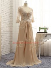 Champagne Prom and Military Ball and Sweet 16 with Beading and Lace and Appliques V-neck Long Sleeves Brush Train Zipper