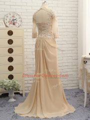 Champagne Prom and Military Ball and Sweet 16 with Beading and Lace and Appliques V-neck Long Sleeves Brush Train Zipper