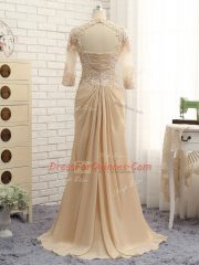 Champagne Prom and Military Ball and Sweet 16 with Beading and Lace and Appliques V-neck Long Sleeves Brush Train Zipper