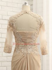 Champagne Prom and Military Ball and Sweet 16 with Beading and Lace and Appliques V-neck Long Sleeves Brush Train Zipper