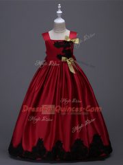 Appliques and Bowknot Pageant Gowns For Girls Wine Red Zipper Sleeveless Floor Length