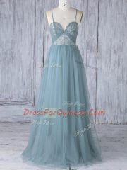 Glamorous Floor Length Grey Dama Dress Tulle Sleeveless Appliques