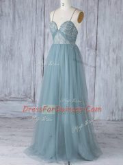 Glamorous Floor Length Grey Dama Dress Tulle Sleeveless Appliques