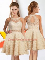 Flare Champagne Lace Zipper Quinceanera Court Dresses Sleeveless Knee Length Lace
