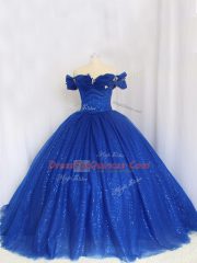 Royal Blue Ball Gowns Hand Made Flower Quinceanera Dresses Lace Up Tulle Cap Sleeves Floor Length