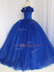 Royal Blue Ball Gowns Hand Made Flower Quinceanera Dresses Lace Up Tulle Cap Sleeves Floor Length